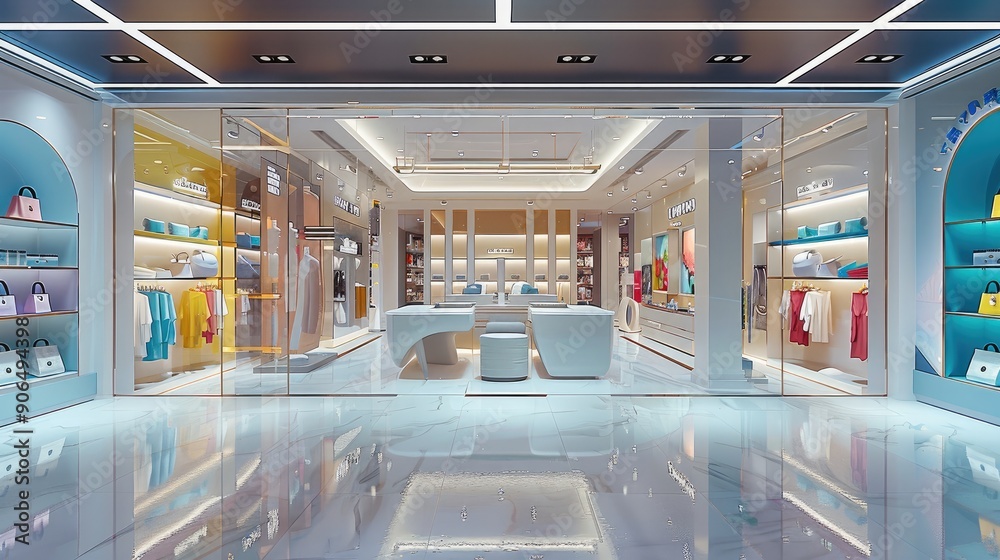 Poster Front view of shopping store colorful. Generative AI.