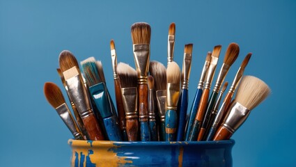 Assorted painting brushes arranged in decorative blue container.