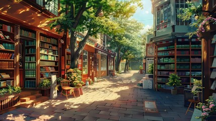 Naklejka premium Sunny Alley with Outdoor Bookstore
