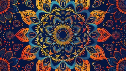 Intricate blue, orange and yellow floral mandala pattern.