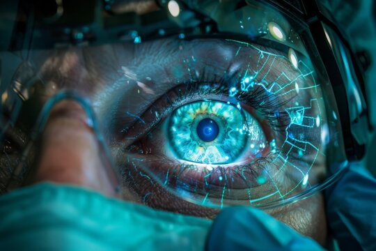Close-up of a surgeons eye, illuminated by an augmented reality display projected onto safety goggles