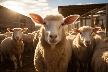 Fototapeta premium A flock of white sheep in a stall.