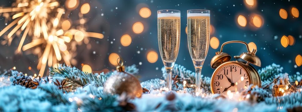 Festive New Year's Eve celebration with champagne glasses, clock, and fairy lights