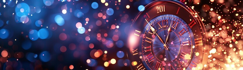 Fototapeta premium Close-up of a clock showing 2023 with sparkling lights to celebrate New Year's Eve