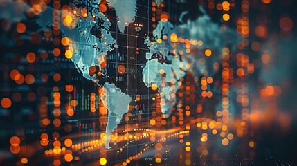 Abstract concept of a diverse stock portfolio with world map integration, financial symbols. Generative AI.