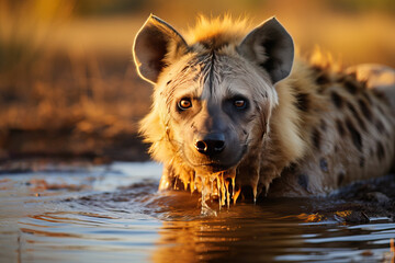 Portrait of a hyena, an evil predator of the savannah.