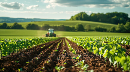In the foreground is a cultivator with a detailed green field in the background. Generative AI.