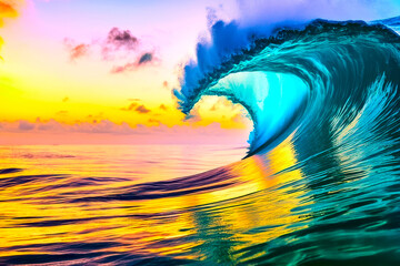 Beautiful colorful sunset sky and ocean wave