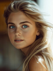 Fototapeta premium Close-up portrait of a stunning woman in her mid-20s. Long, sun-kissed blonde hair cascades down her shoulders. Sparkling blue eyes and a smattering of freckles across her nose add a touch of natural 