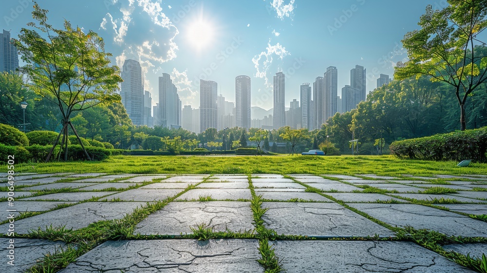 Poster empty square floor with city skyline background, green space initiative implementation, midday, pano