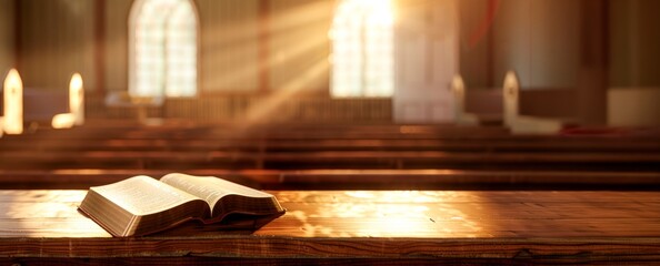 open bible on wooden table with blurred background of church pews and bright light from window, copy space for text 