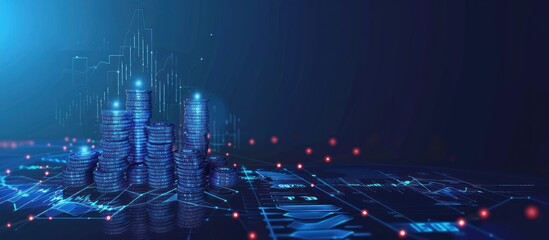 Stacked Digital Coins on a Blue Abstract Background with a Graph
