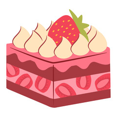 Slice of strawberry cake. Strawberry shortcake and whipped cream. A piece of cake for happy birthday.Sweet dessert.Fresh berries.Bakery creamy topping.Vector flat illustration.