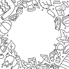 Set of autumn elements frame. Autumn forest and garden collection.Fall season.Hand drawn vector illustration.Autumn clothing. Casual wears.Rainy season accessories. Autumn scrapbook bundle.