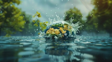 Earth Globe Submerged in Water with Splashing Water Droplets