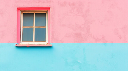 Window on a building wall, pastel bright colors. Wooden frame window on the pastel pink and blue house, creative and symmetrical architecture.