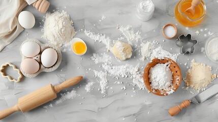 Flat lay of baking tools and ingredients on a grey background, including a rolling pin, eggs, dough in a wooden spoon, saltshaker, and cookie cutters. Ideal for a cooking or baking background concept.