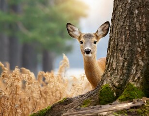 The doe was hiding behind a tree.