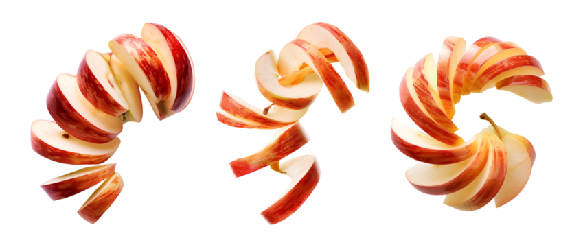 Set of apple curls peels sliced swirls isolated on transparent or white background