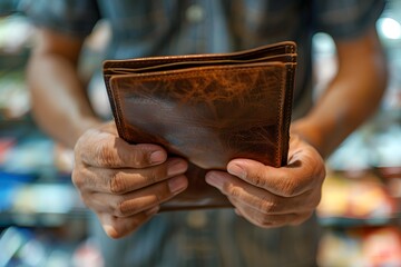 A Close-Up of Hands Holding a Stylish Brown Leather Wallet