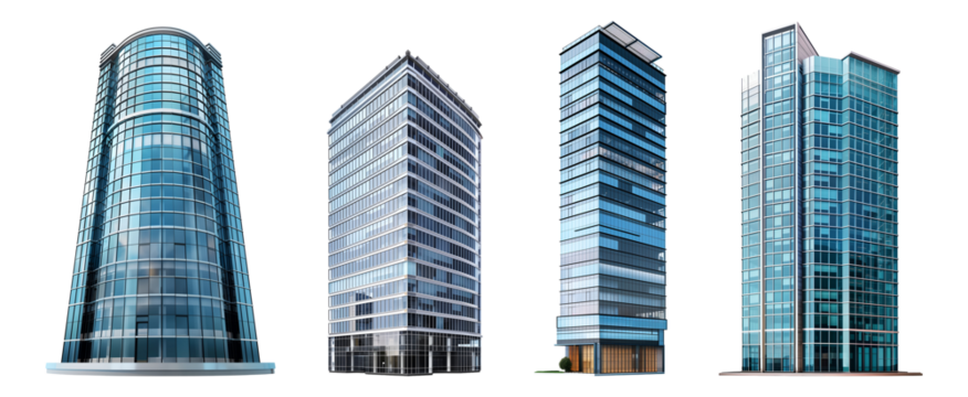 Set of tall modern office buildings isolated on transparent or white background