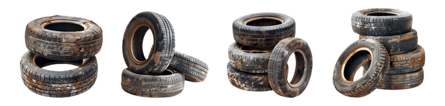 Set of old dirty tire stacks isolated on transparent or white background