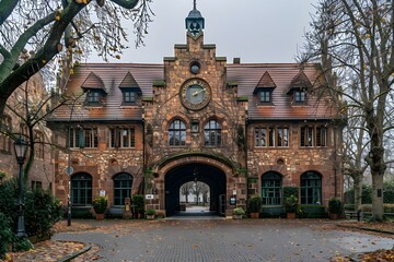Historic Stone Building with Clock Tower and Archway in Autumn