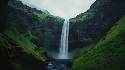 A cinematic shot of the waterfall in Iceland, with green grass on both sides and foggy weather