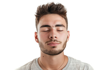 Obraz premium man with eyes closed and a serene expression, depicting mental escape or meditation, on white.