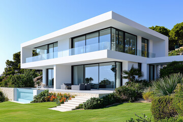 Lujosa Villa Mediterranea de dos plantas de lineas rectas, de color blanco, con balcones, porche, piscina y jardin