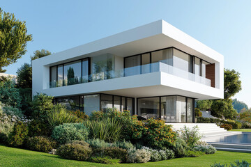 Fototapeta premium Lujosa Villa Mediterranea de dos plantas de lineas rectas, de color blanco, con balcones, porche, piscina y jardin