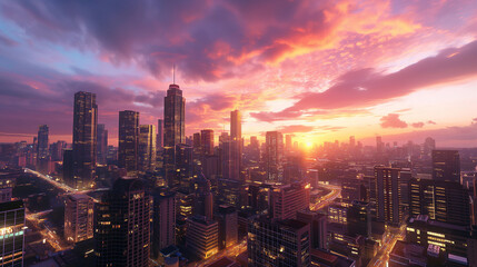 Fototapeta premium Beautiful large city skyline at sunset