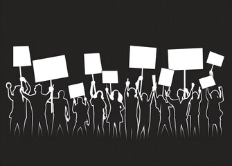 A crowd of protesters with banners demonstration people vector silhouette on black background design