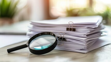 A magnifying glass with papers