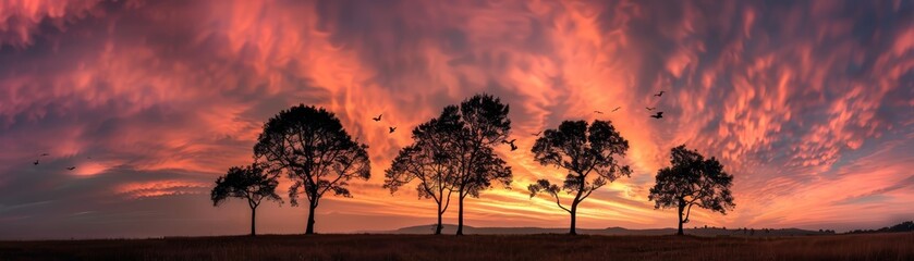 Silhouetted trees stand against a vibrant sunset sky.