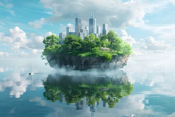 A Floating City: A Dreamlike Island Surrounded by Tranquil Waters
