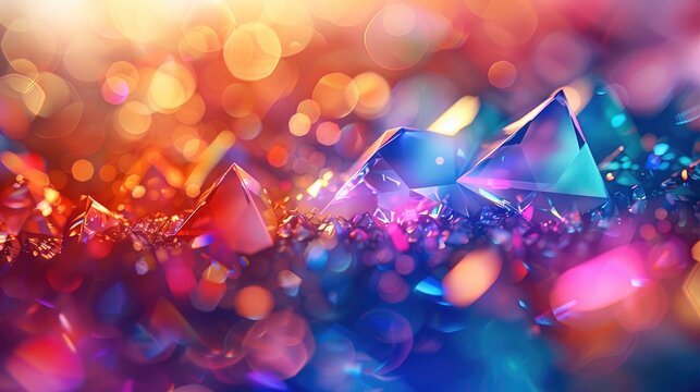 Abstract background with colorful particles and triangular shapes creating an atmosphere of energy and creativity, macro shot of iridescent sparkling glass triangle crystals with blurry bokeh effect.