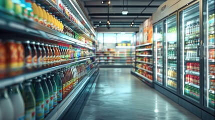 A supermarket refrigerator display, featuring a range of milk alternatives and chilled beverages. Generative AI.