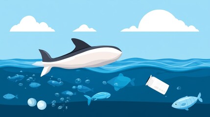 Plastic pollution, marine life in danger, flat design illustration, copy space for text, ultra HD,