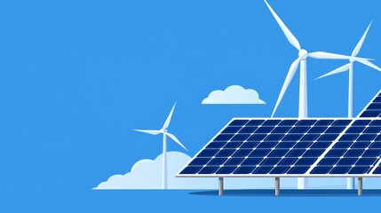 Renewable energy sources, solar panels and wind turbines, flat design illustration, copy space for text, ultra HD,