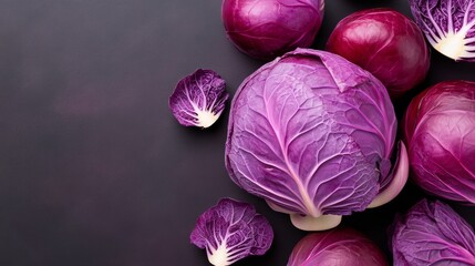 Fototapeta premium Red cabbage arrangement, striking purple tones, intricate details, flat design illustration, ultra HD,