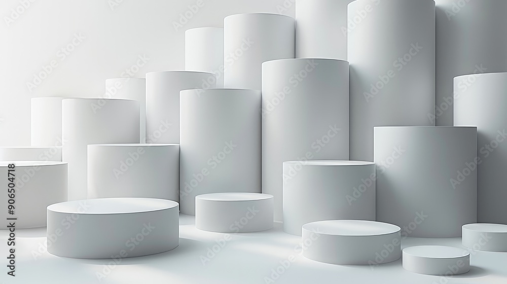 Poster A group of white cylindrical blocks are stacked on top and arranged in an abstract and geometric pattern, clean background with soft lighting to highlight the minimalist design. Generative AI.