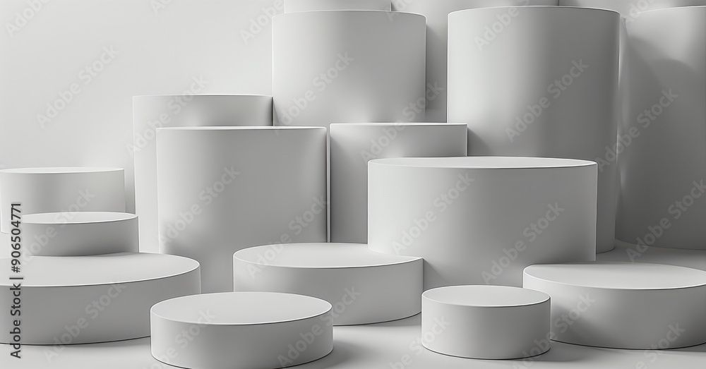 Aufkleber A group of white cylindrical blocks are stacked on top and arranged in an abstract and geometric pattern, clean background with soft lighting to highlight the minimalist design. Generative AI.