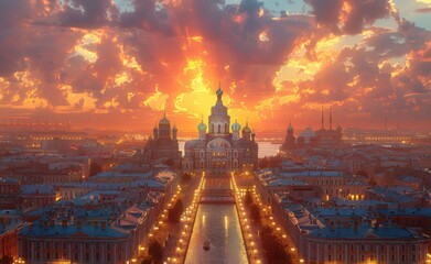 Church in the Cityscape at Sunset
