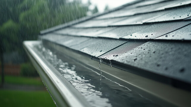 Aluminum Gutter with Rain Falling on Roof Shingles - Closeup of Water Drainage System in Use Photo