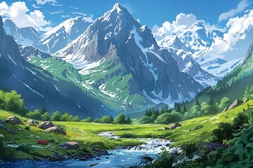 Majestic Mountain Range with a Stream