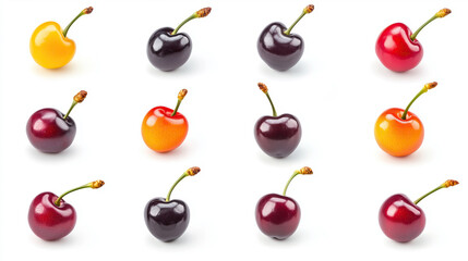 Collection of isolated various cherry fruits, on white background