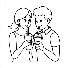 A couple sharing a milkshake with two straws line art vector