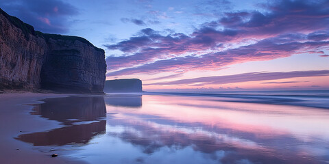 Beach at dawn: Tranquil beach scene at dawn, capturing the peacefulness and beauty of early morning light