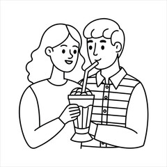 A couple sharing a milkshake with two straws line art vector
